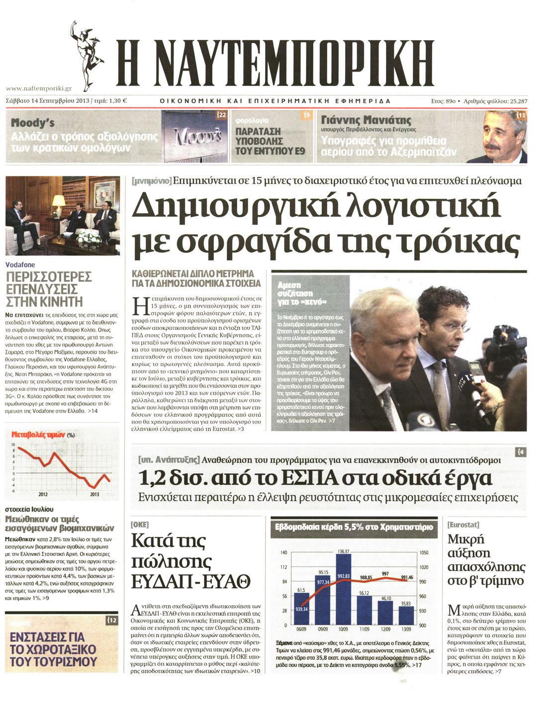 Εξώφυλο εφημερίδας ΝΑΥΤΕΜΠΟΡΙΚΗ 2013-09-14
