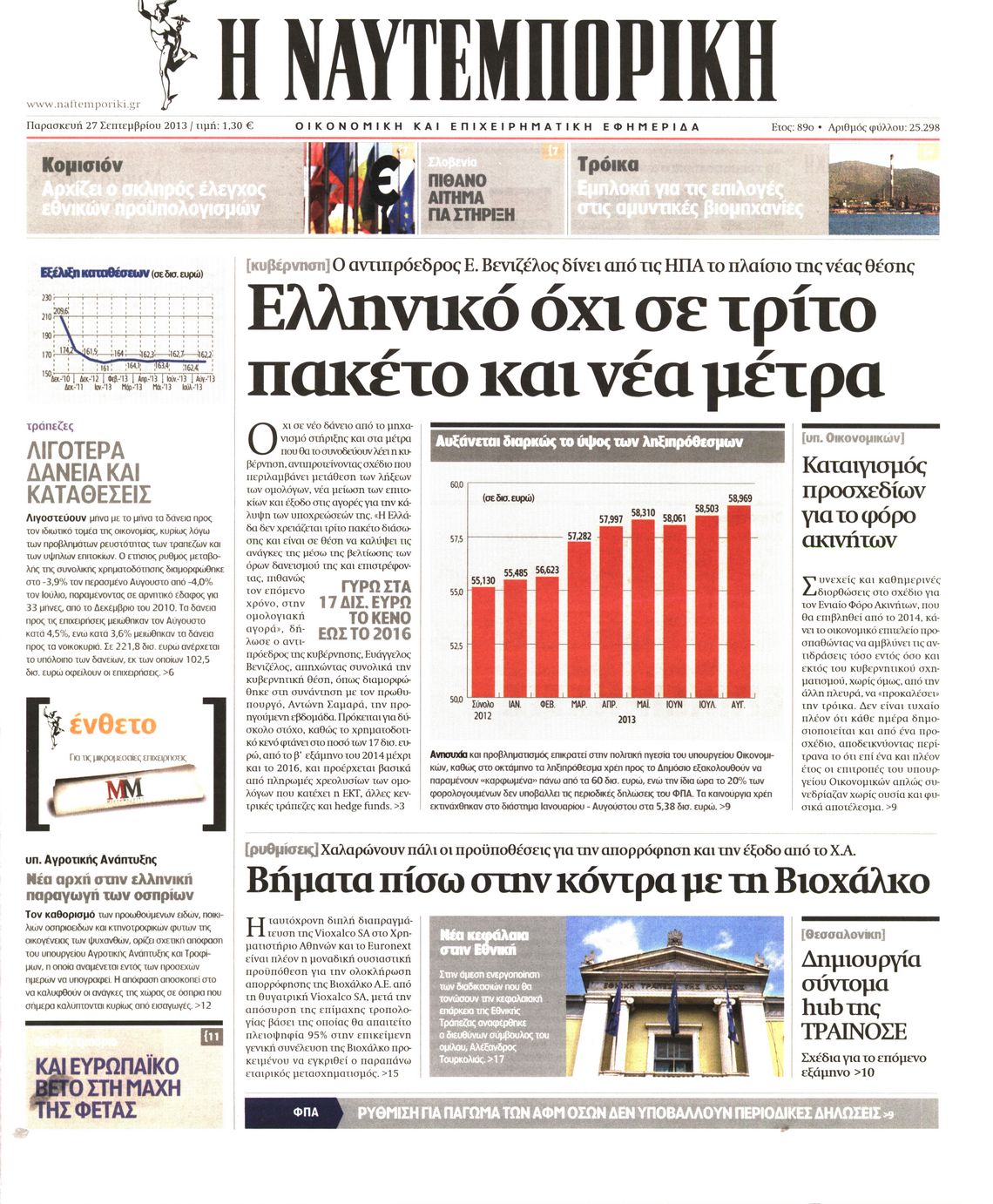 Εξώφυλο εφημερίδας ΝΑΥΤΕΜΠΟΡΙΚΗ 2013-09-27