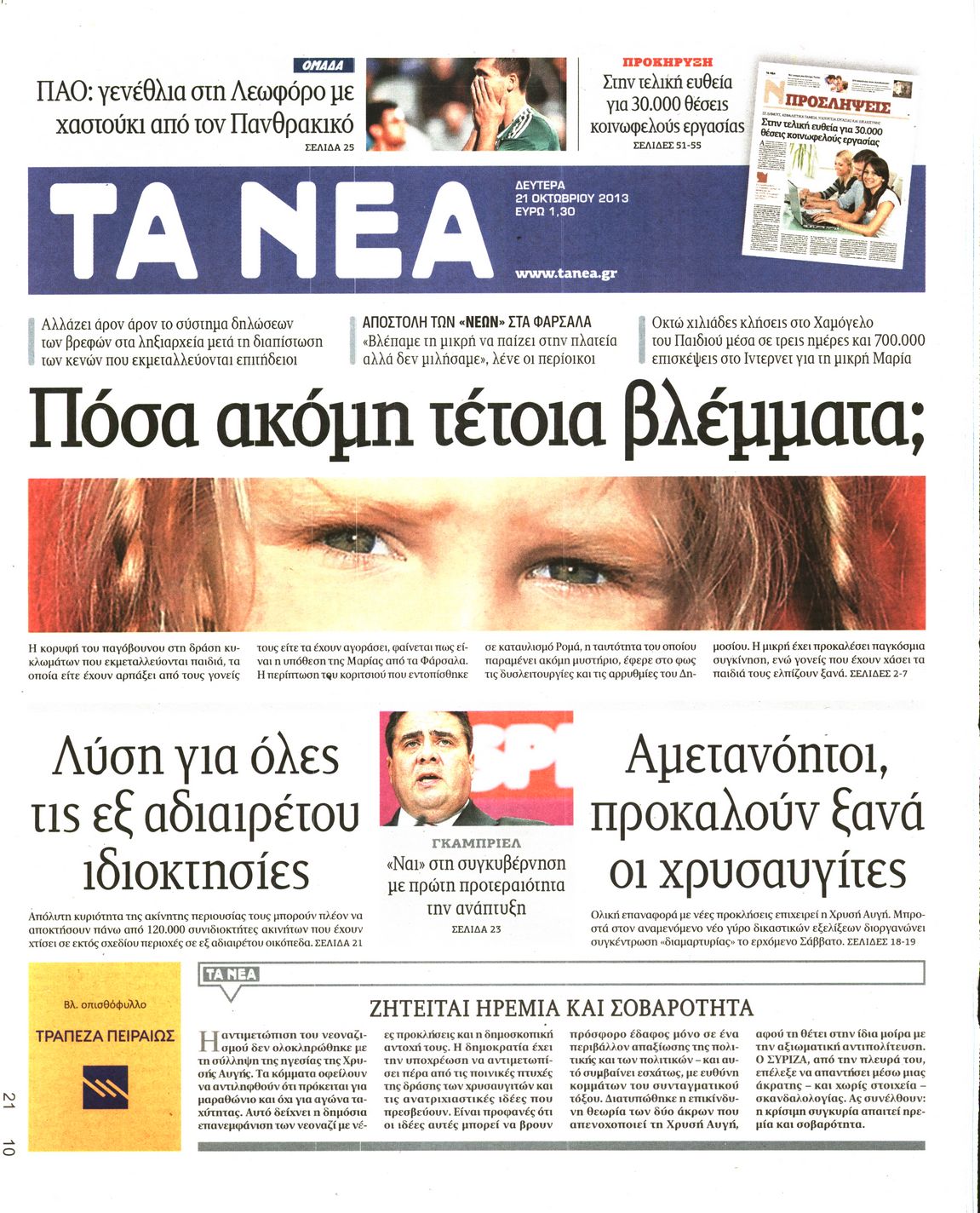 Εξώφυλο εφημερίδας ΤΑ ΝΕΑ 2013-10-21
