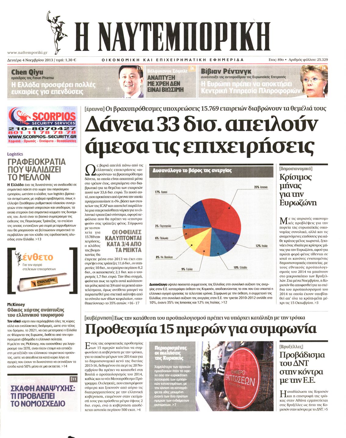 Εξώφυλο εφημερίδας ΝΑΥΤΕΜΠΟΡΙΚΗ 2013-11-04