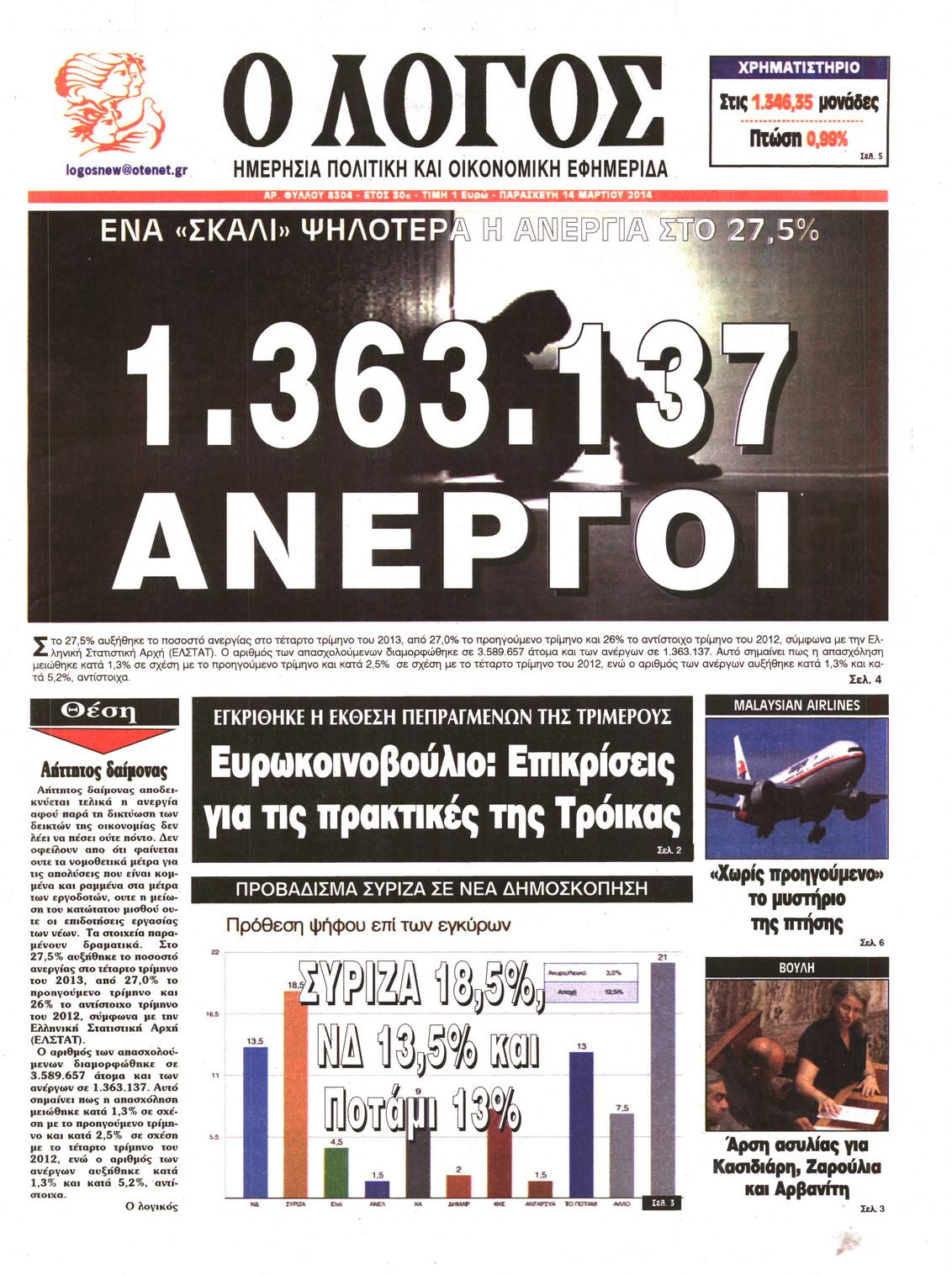 Εξώφυλο εφημερίδας Ο ΛΟΓΟΣ 2014-03-14