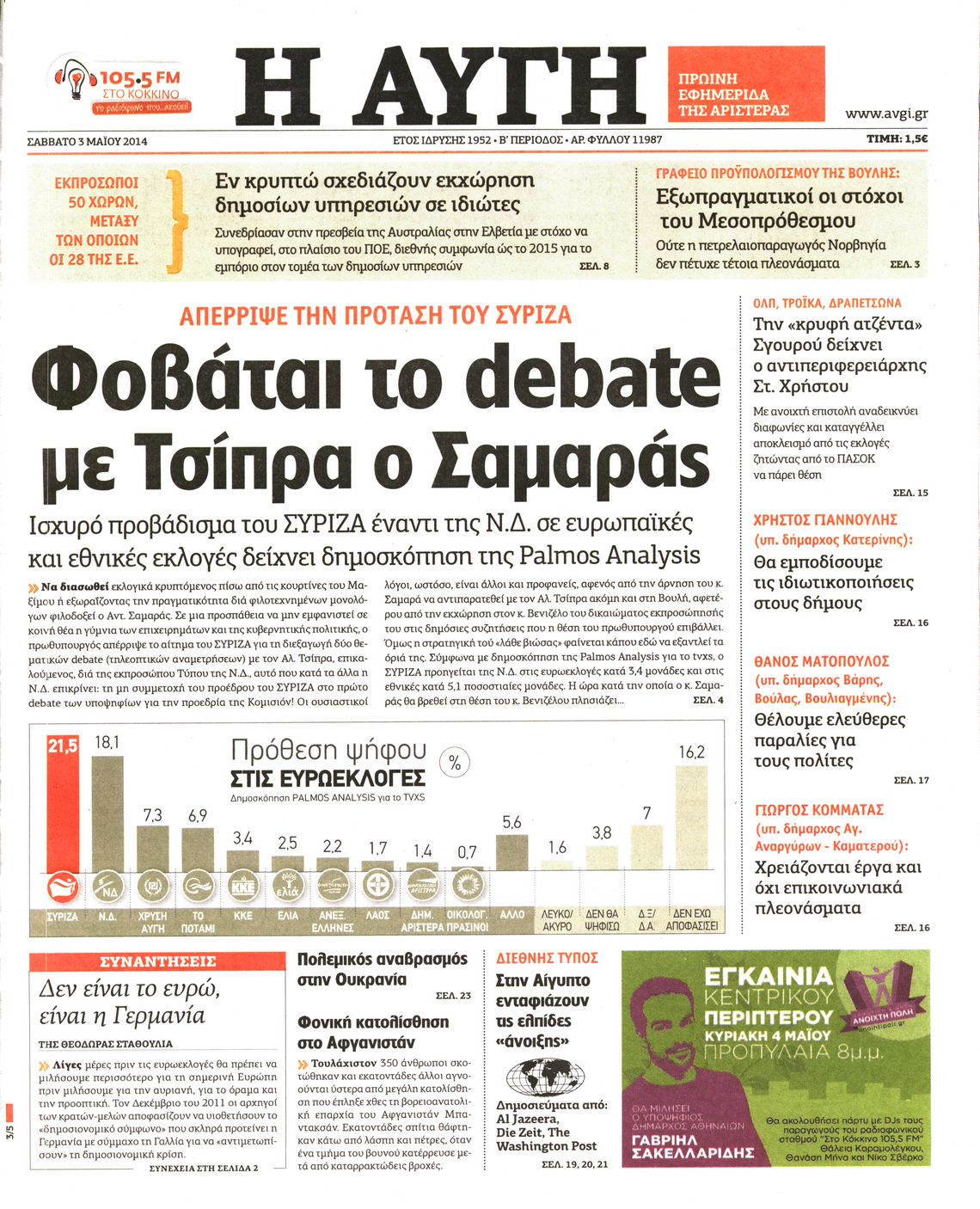 Εξώφυλο εφημερίδας ΑΥΓΗ 2014-05-03