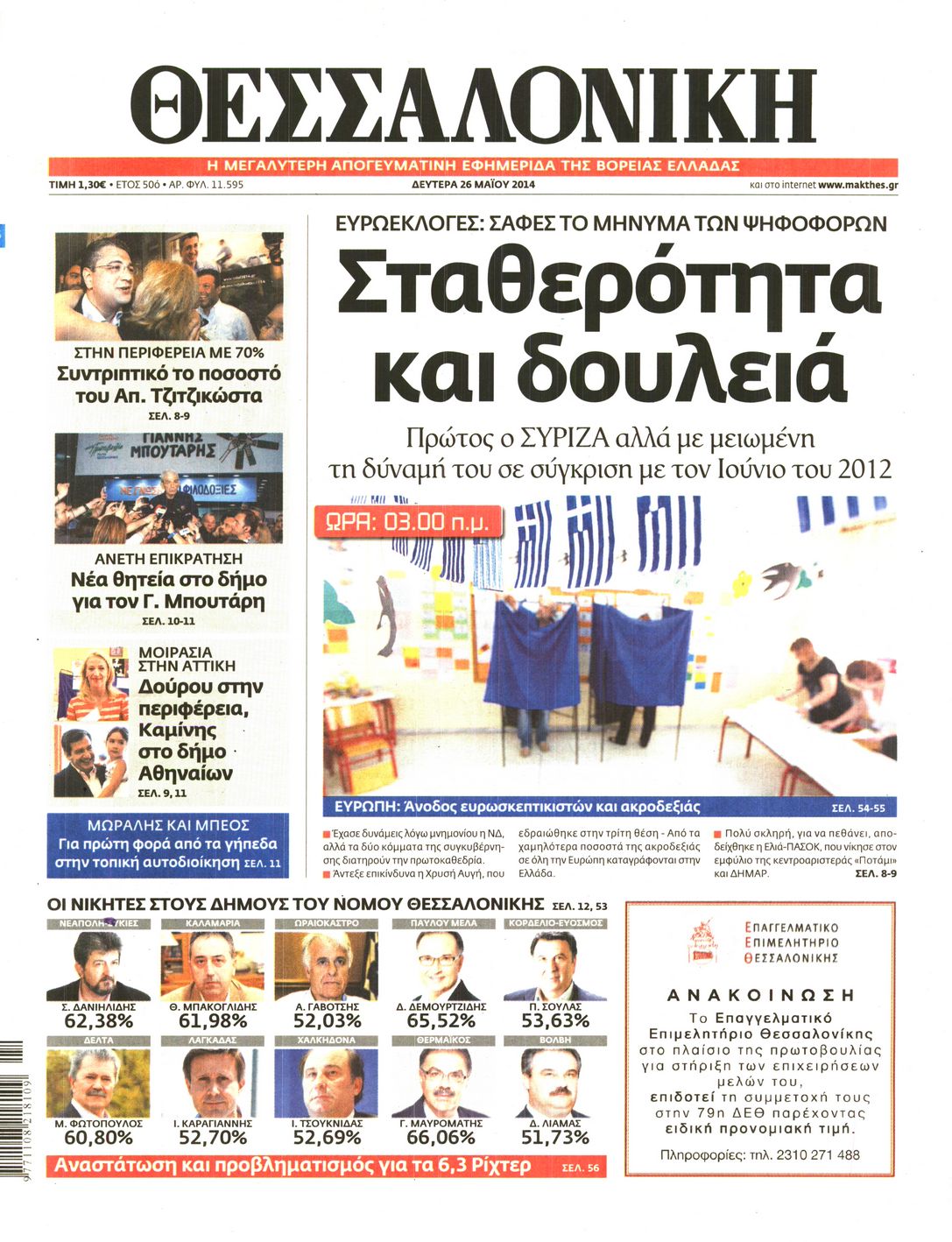 Εξώφυλο εφημερίδας ΘΕΣΣΑΛΟΝΙΚΗ 2014-05-26