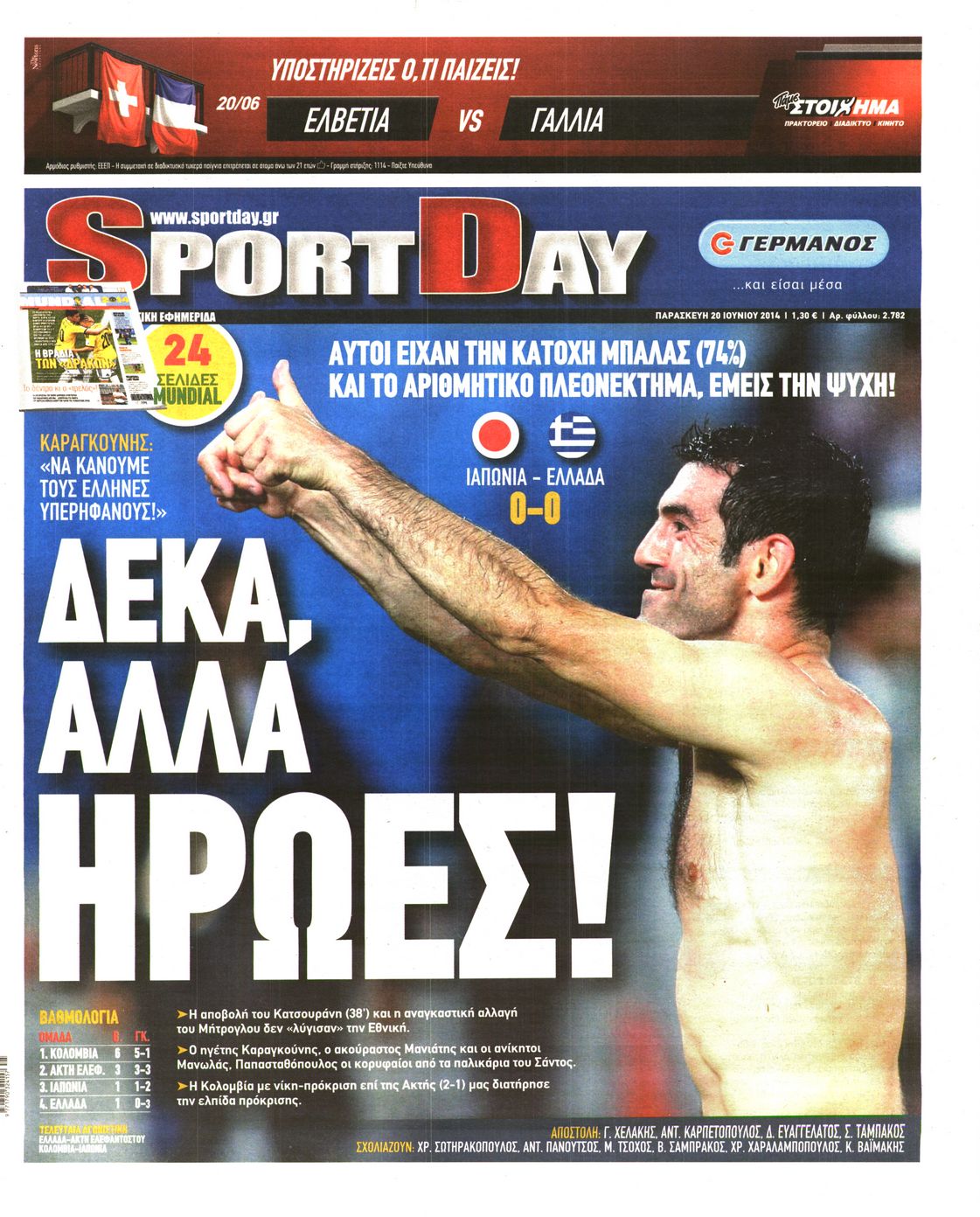 Εξώφυλο εφημερίδας SPORTDAY 2014-06-20