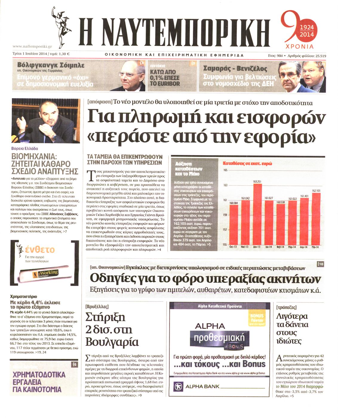 Εξώφυλο εφημερίδας ΝΑΥΤΕΜΠΟΡΙΚΗ 2014-07-01