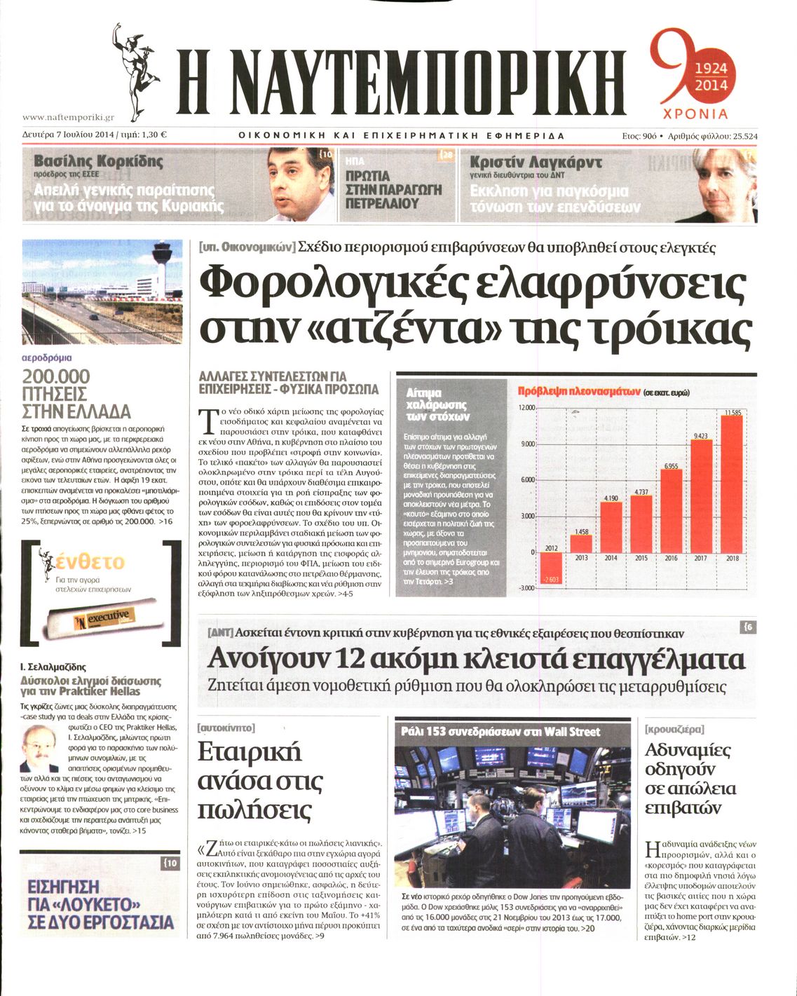 Εξώφυλο εφημερίδας ΝΑΥΤΕΜΠΟΡΙΚΗ 2014-07-07