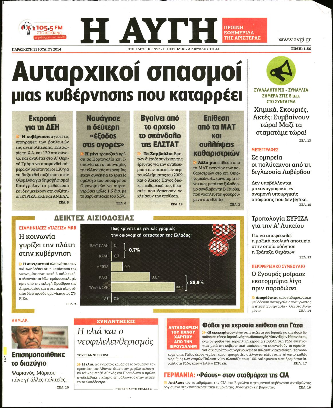 Εξώφυλο εφημερίδας ΑΥΓΗ 2014-07-11