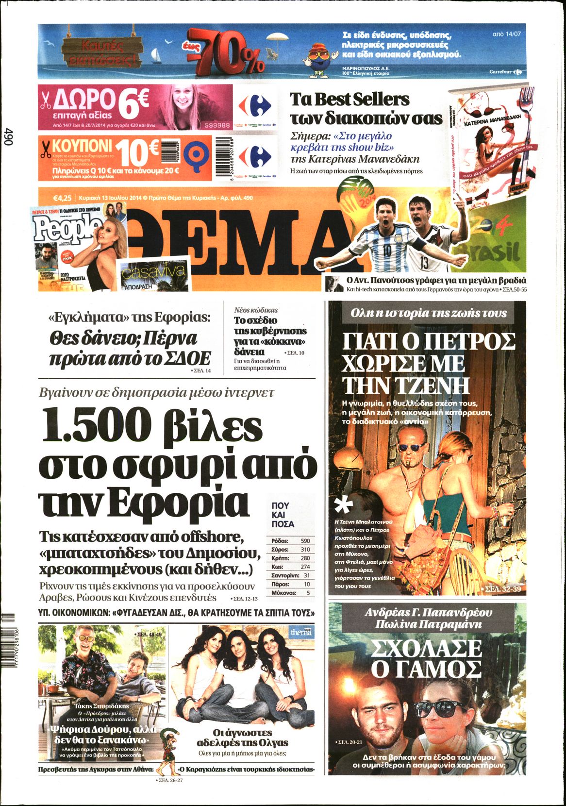 Εξώφυλο εφημερίδας ΠΡΩΤΟ ΘΕΜΑ 2014-07-13