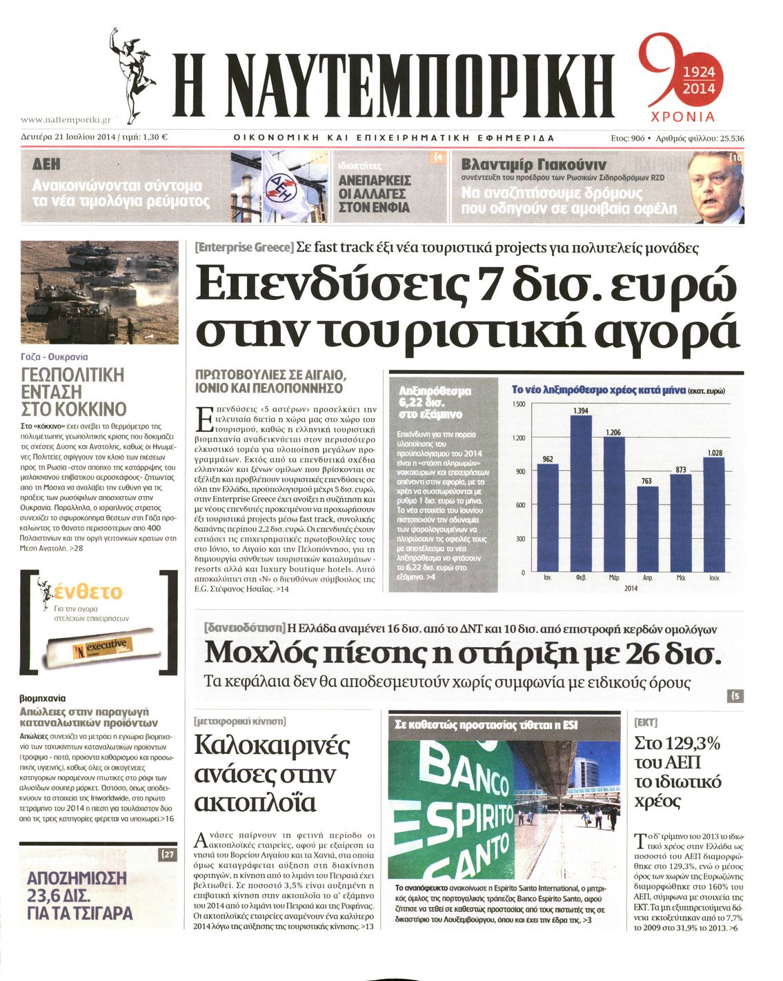 Εξώφυλο εφημερίδας ΝΑΥΤΕΜΠΟΡΙΚΗ 2014-07-21