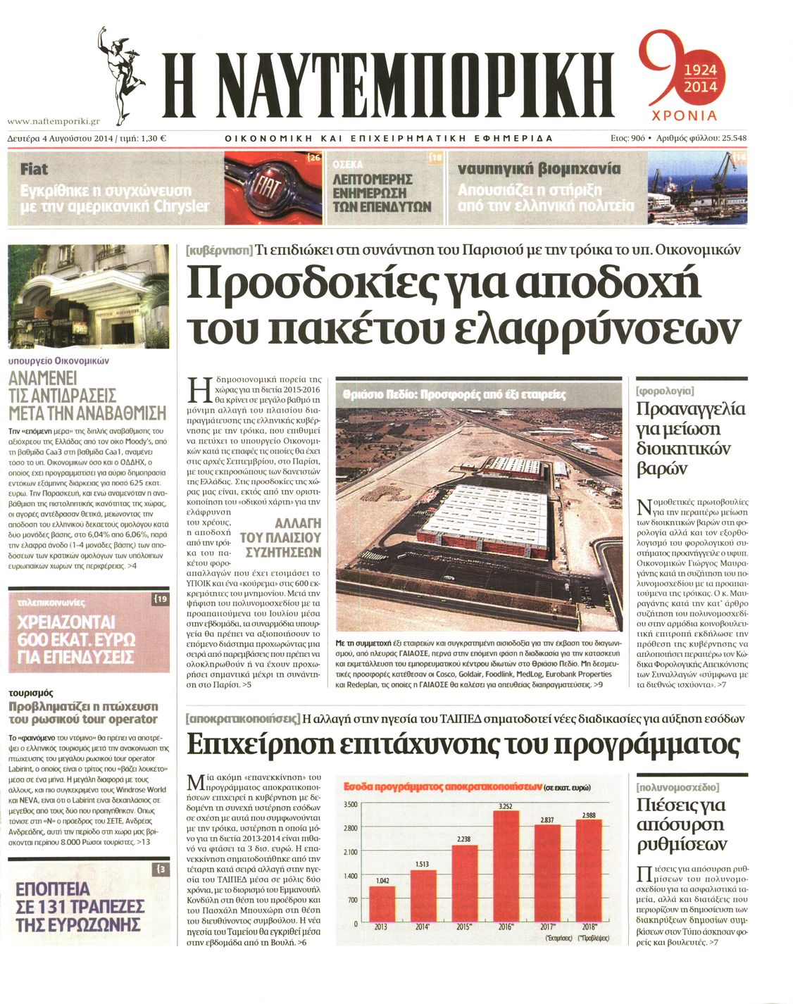 Εξώφυλο εφημερίδας ΝΑΥΤΕΜΠΟΡΙΚΗ 2014-08-04