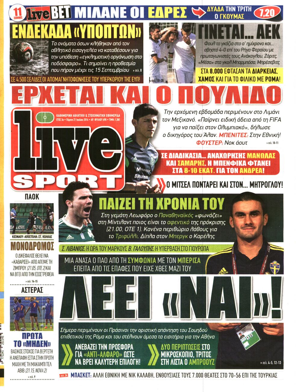 Εξώφυλο εφημερίδας LIVE SPORT 2014-08-21