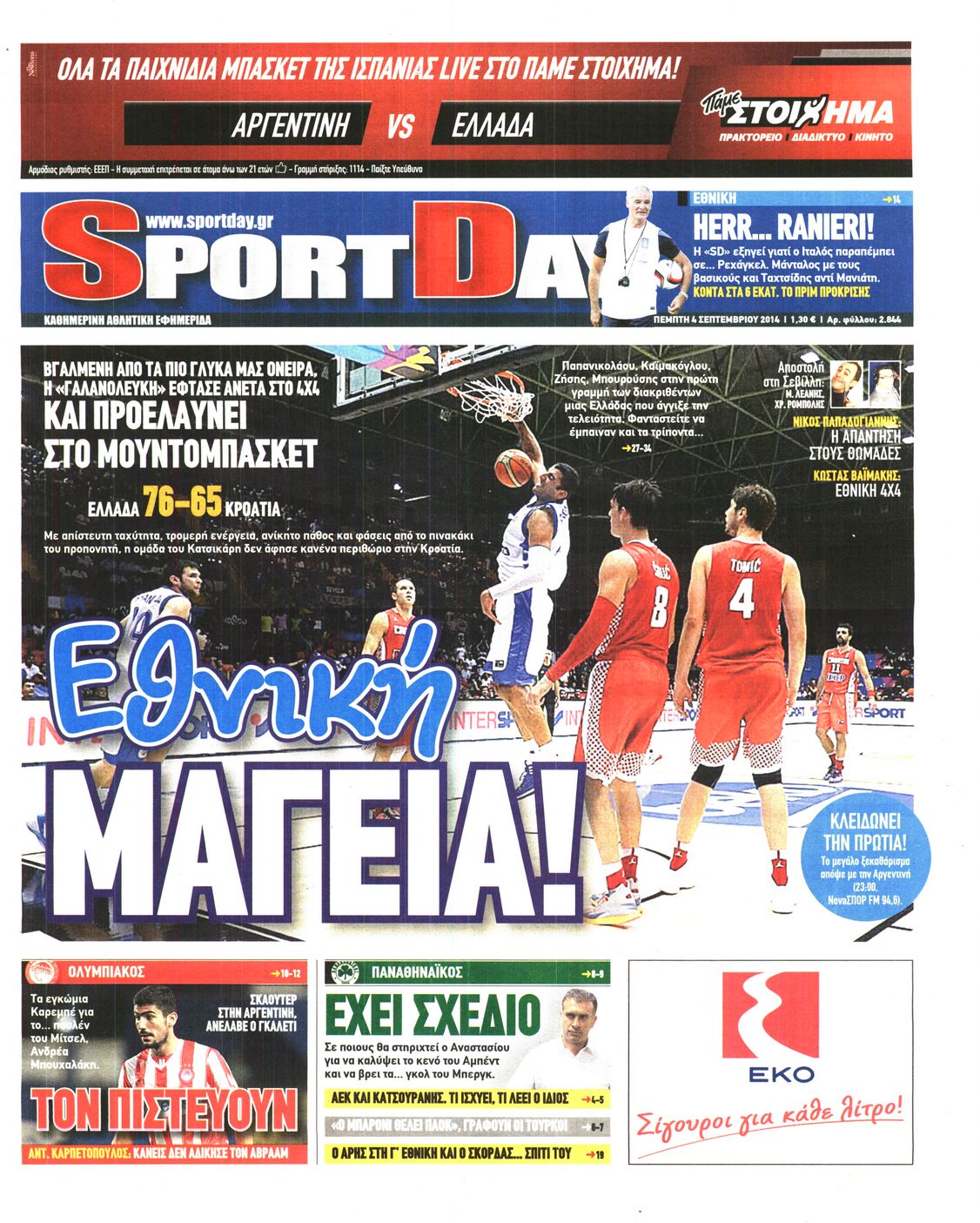 Εξώφυλο εφημερίδας SPORTDAY 2014-09-04