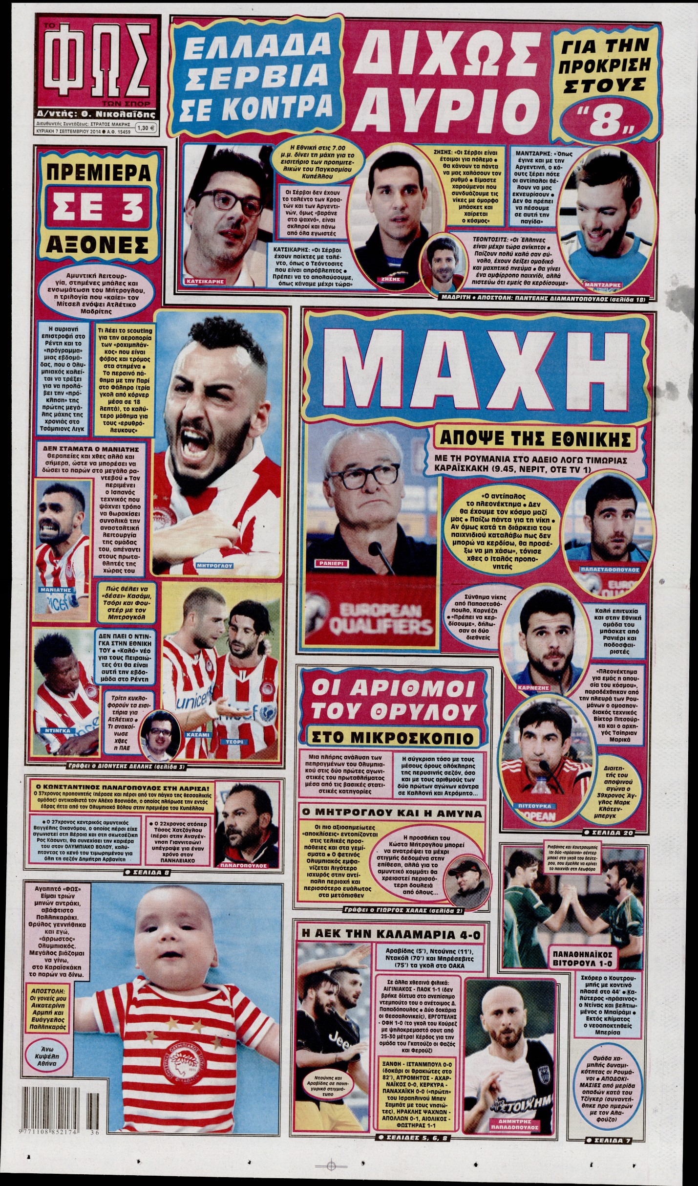 Εξώφυλο εφημερίδας ΦΩΣ ΤΩΝ ΣΠΟΡ 2014-09-07