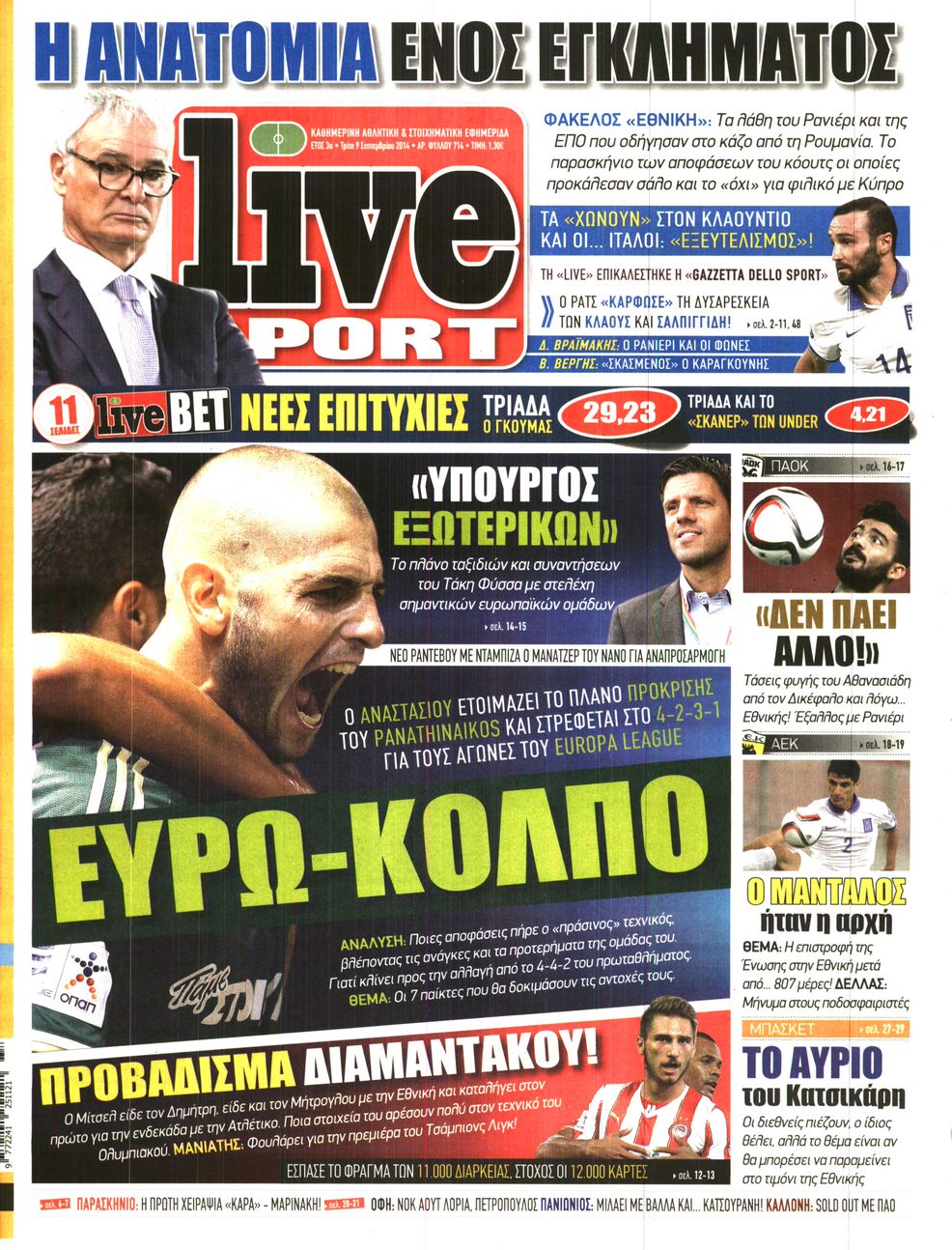 Εξώφυλο εφημερίδας LIVE SPORT 2014-09-09