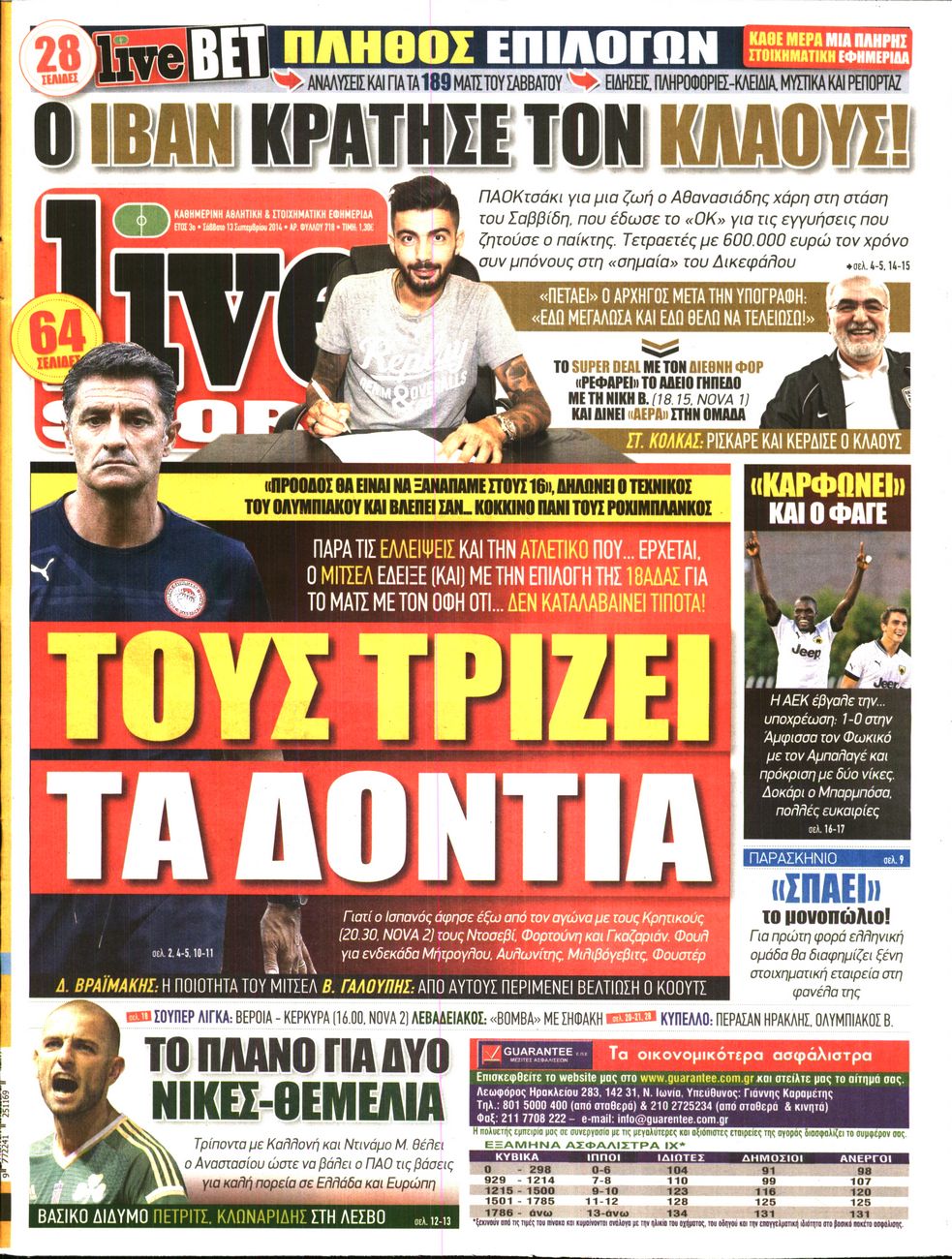 Εξώφυλο εφημερίδας LIVE SPORT 2014-09-13