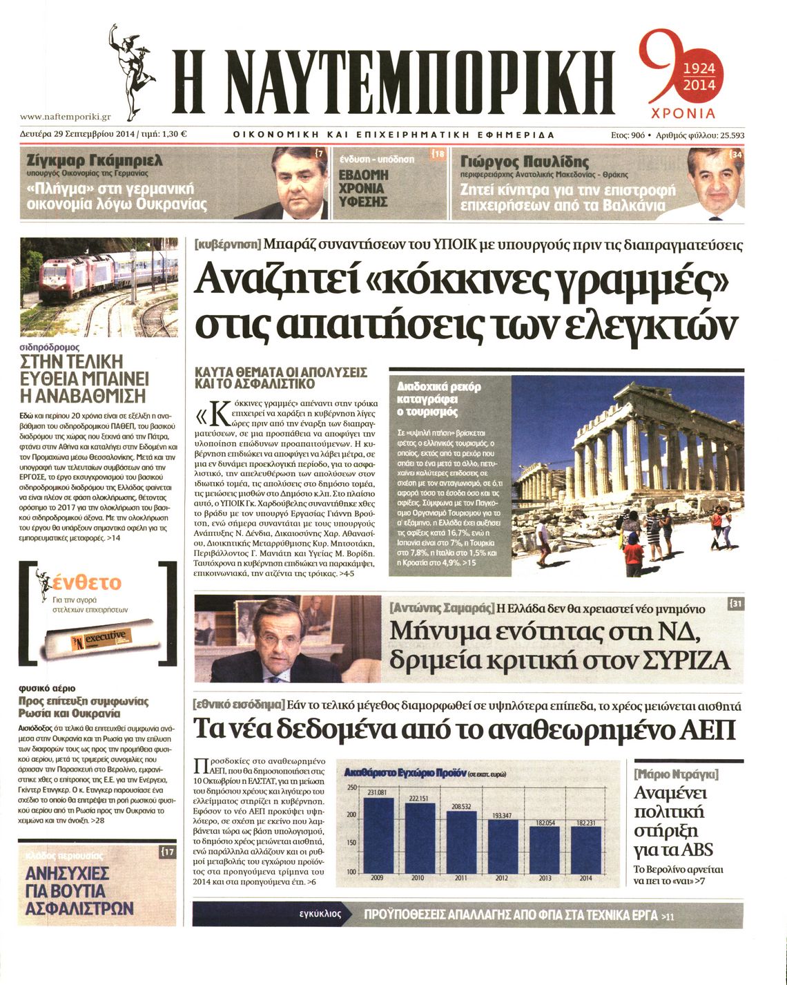 Εξώφυλο εφημερίδας ΝΑΥΤΕΜΠΟΡΙΚΗ 2014-09-29