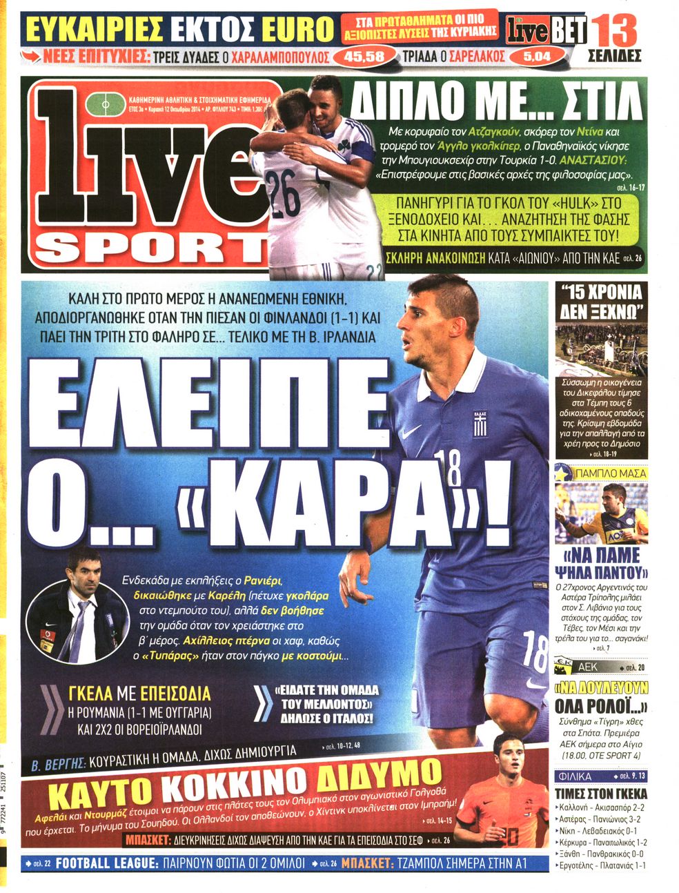 Εξώφυλο εφημερίδας LIVE SPORT 2014-10-12