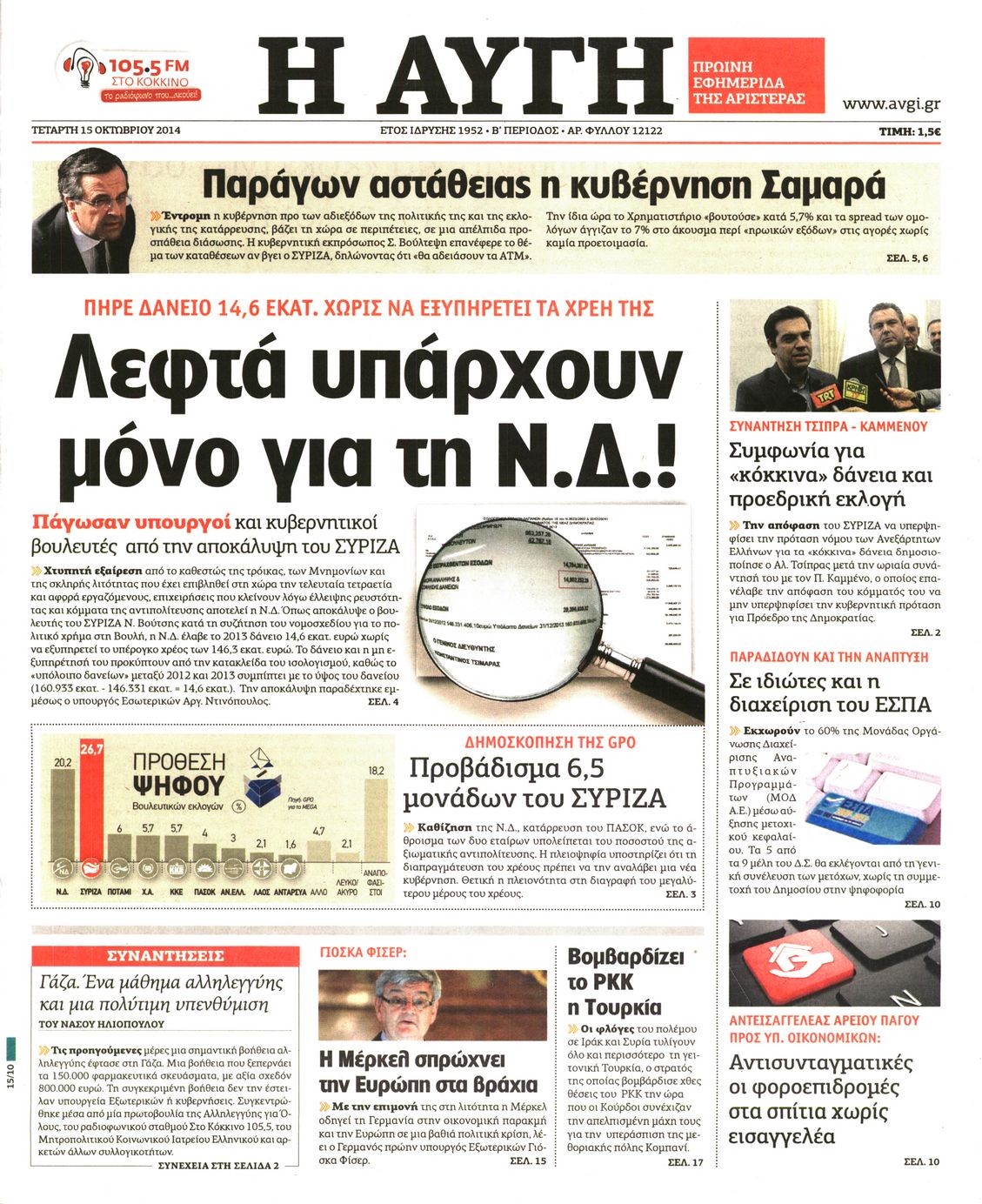 Εξώφυλο εφημερίδας ΑΥΓΗ 2014-10-15