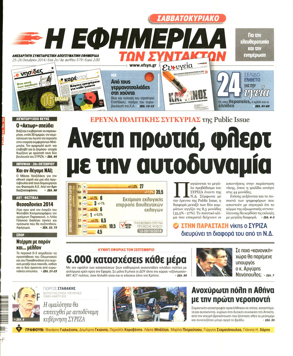 Εξώφυλο εφημερίδας ΤΩΝ ΣΥΝΤΑΚΤΩΝ 2014-10-25