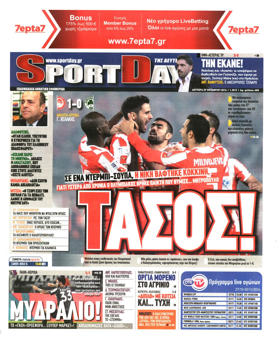 Εξώφυλο εφημερίδας SPORTDAY 2014-10-27