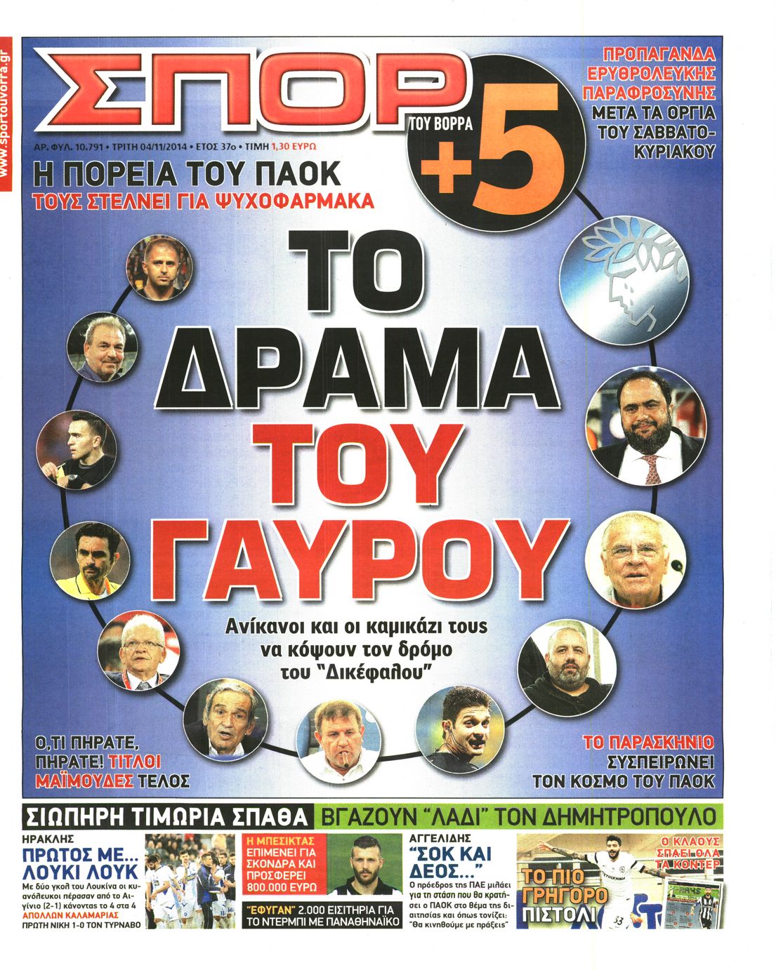 Εξώφυλο εφημερίδας ΣΠΟΡ ΤΟΥ ΒΟΡΡΑ 2014-11-04