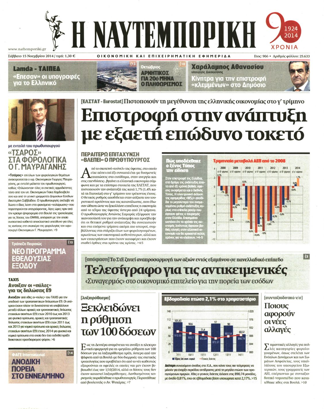 Εξώφυλο εφημερίδας ΝΑΥΤΕΜΠΟΡΙΚΗ 2014-11-15