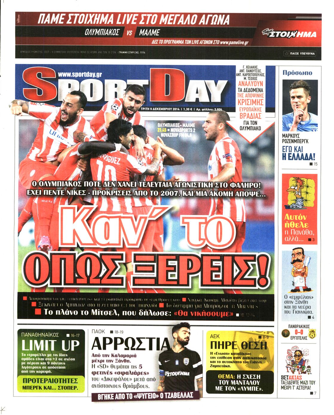 Εξώφυλο εφημερίδας SPORTDAY 2014-12-09
