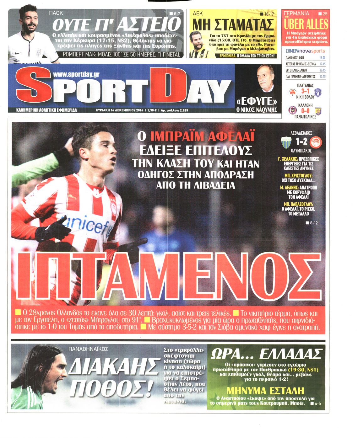 Εξώφυλο εφημερίδας SPORTDAY 2014-12-14