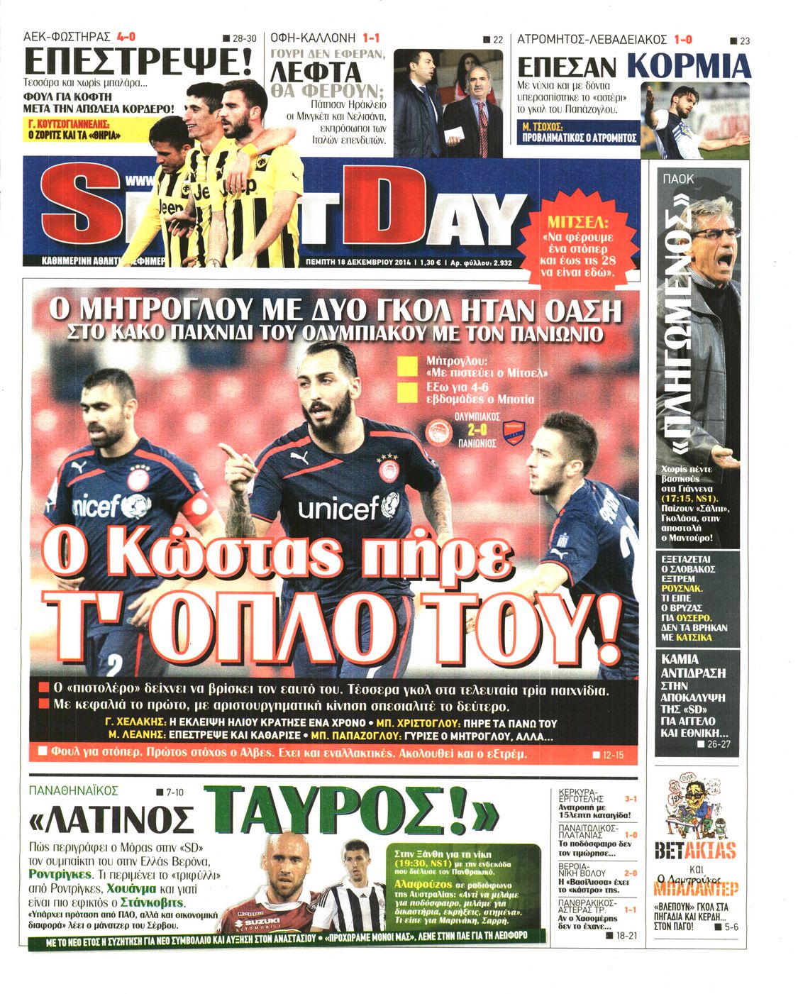 Εξώφυλο εφημερίδας SPORTDAY 2014-12-18