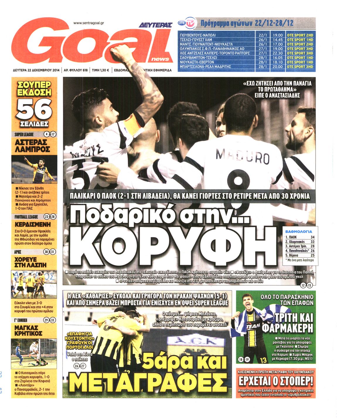 Εξώφυλο εφημερίδας GOAL 2014-12-22