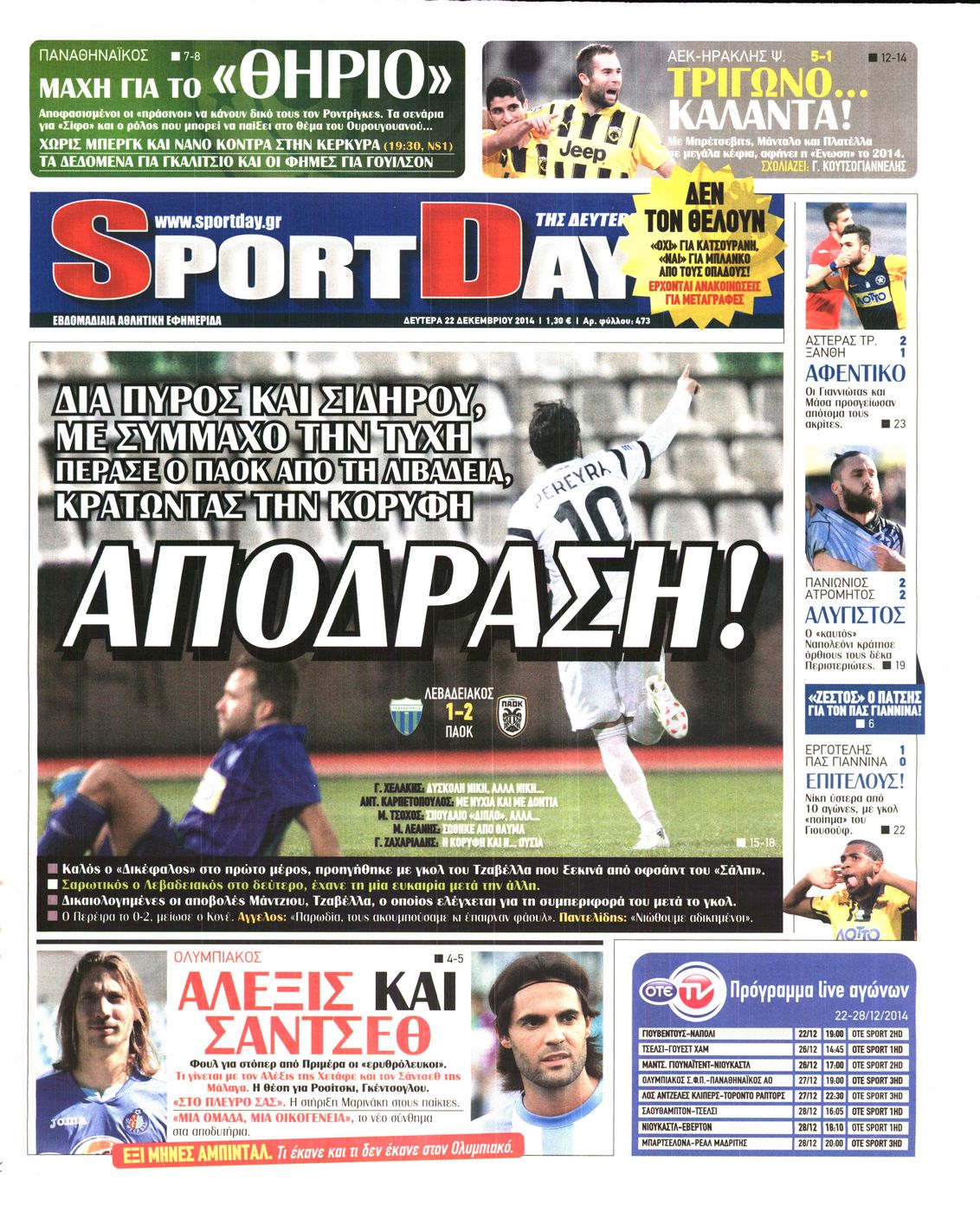 Εξώφυλο εφημερίδας SPORTDAY 2014-12-22