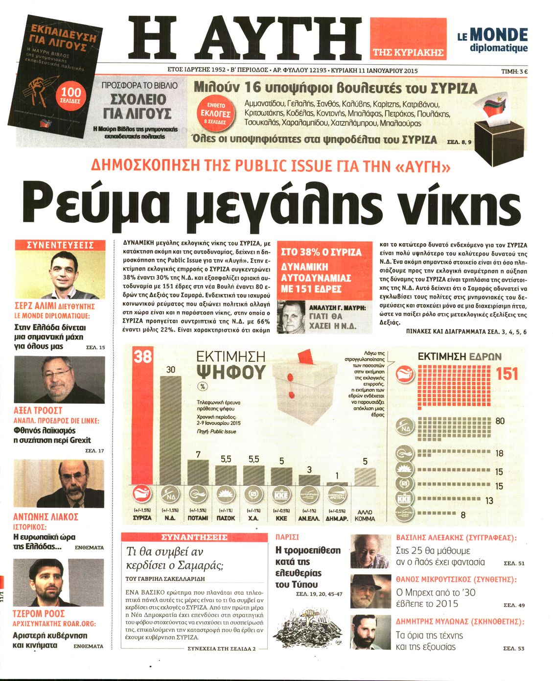 Εξώφυλο εφημερίδας ΑΥΓΗ 2015-01-11