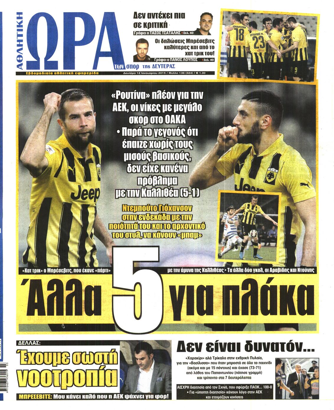 Εξώφυλο εφημερίδας ΩΡΑ ΓΙΑ ΣΠΟΡ 2015-01-12