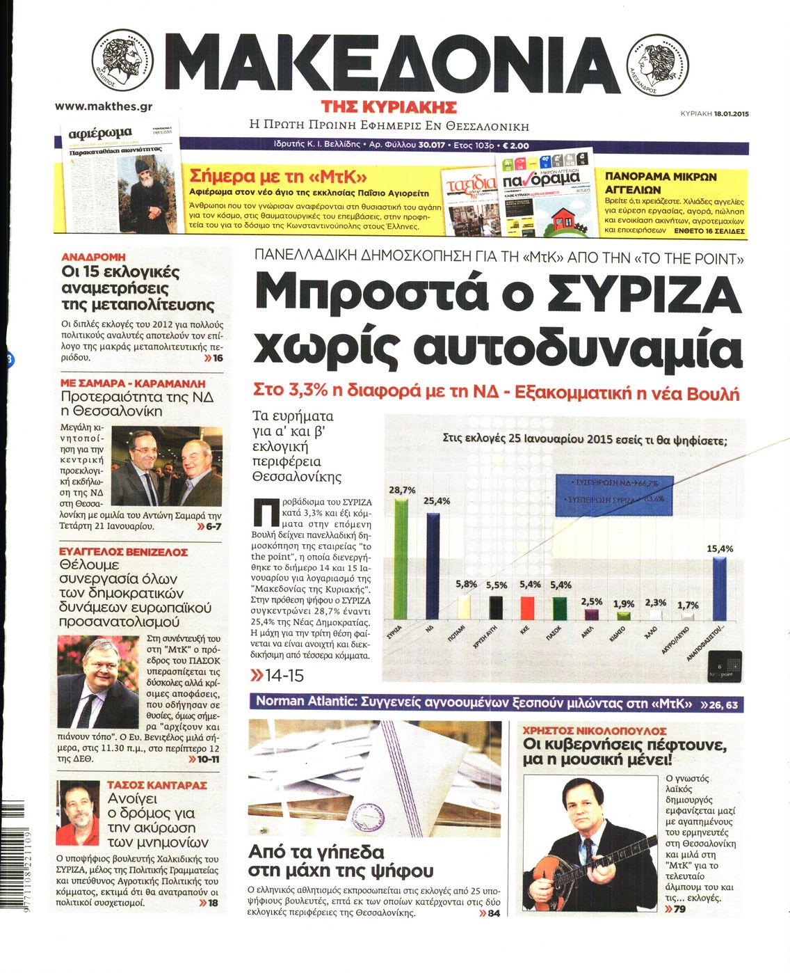 Εξώφυλο εφημερίδας ΜΑΚΕΔΟΝΙΑ 2015-01-18