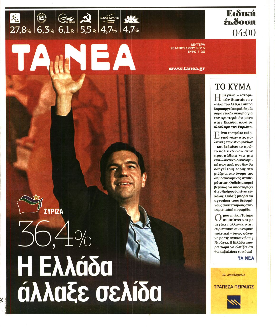 Εξώφυλο εφημερίδας ΤΑ ΝΕΑ 2015-01-26