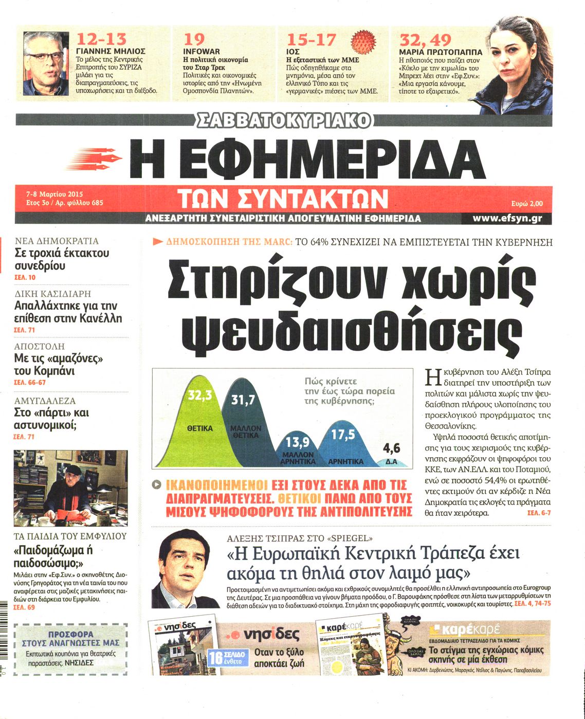 Εξώφυλο εφημερίδας ΤΩΝ ΣΥΝΤΑΚΤΩΝ 2015-03-07