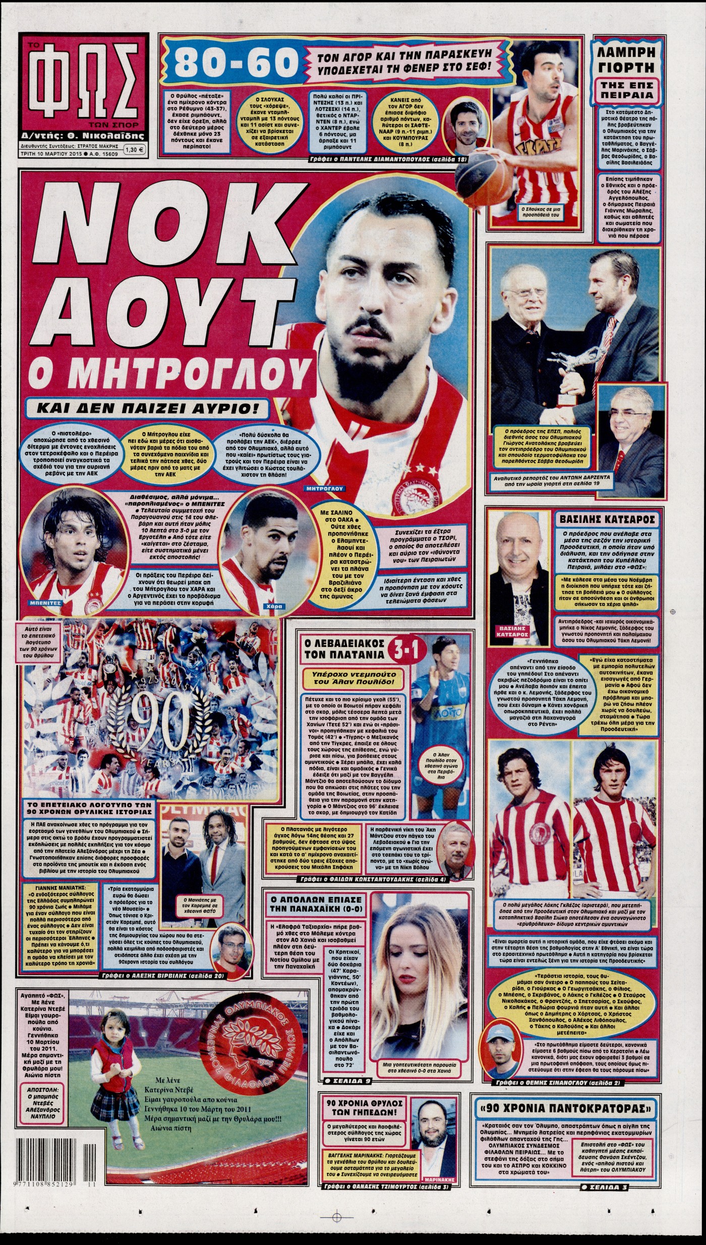 Εξώφυλο εφημερίδας ΦΩΣ ΤΩΝ ΣΠΟΡ 2015-03-10