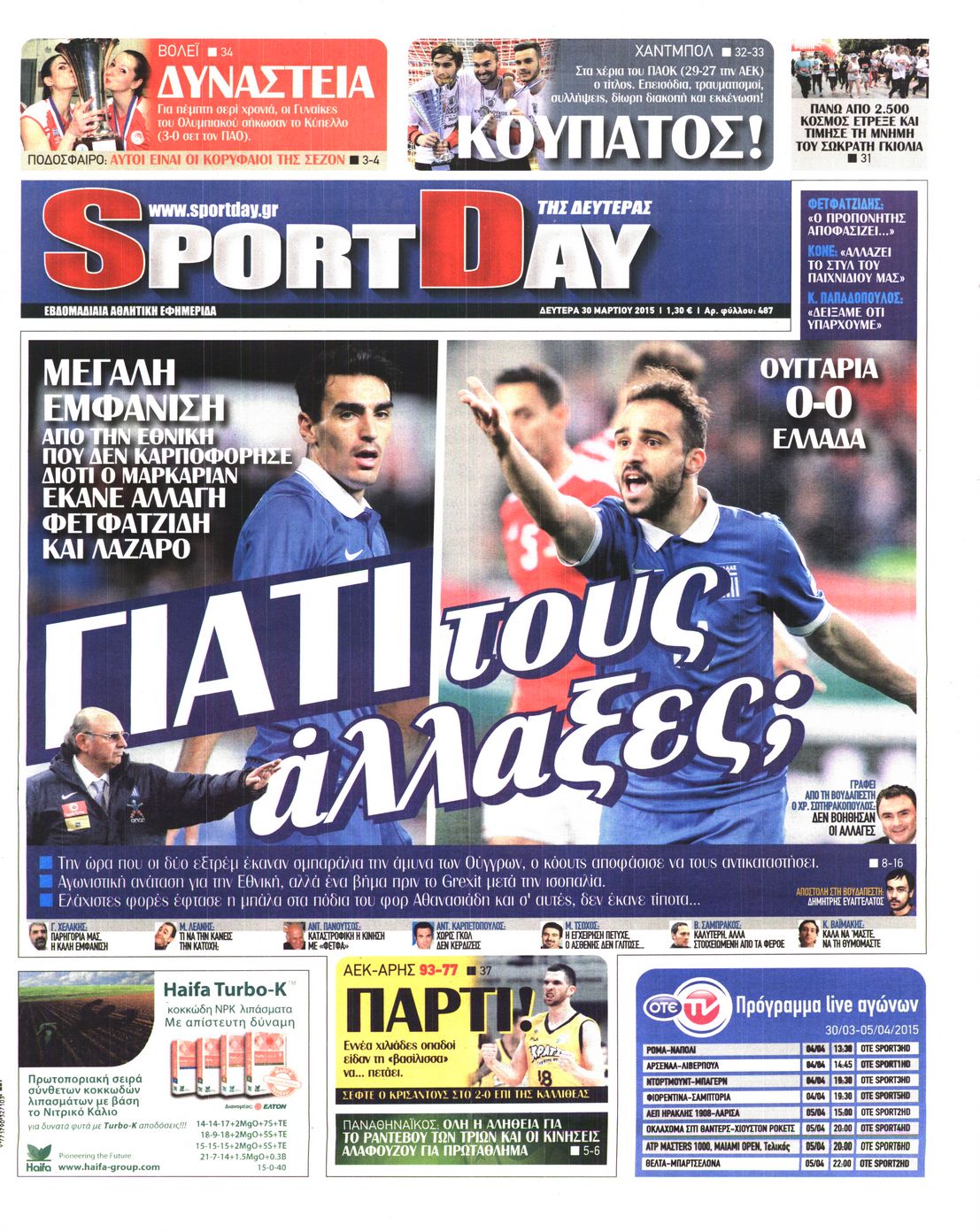 Εξώφυλο εφημερίδας SPORTDAY 2015-03-30