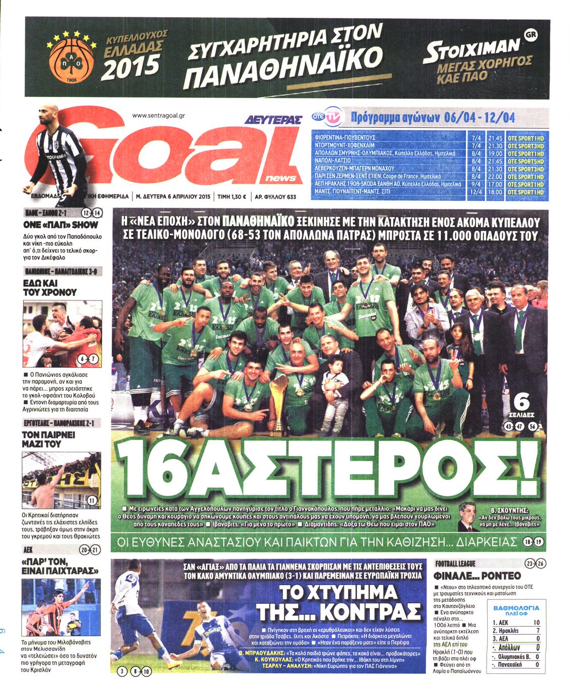Εξώφυλο εφημερίδας GOAL 2015-04-06
