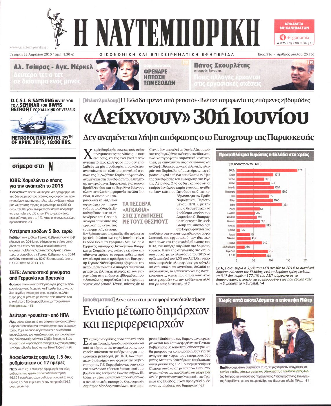 Εξώφυλο εφημερίδας ΝΑΥΤΕΜΠΟΡΙΚΗ 2015-04-22