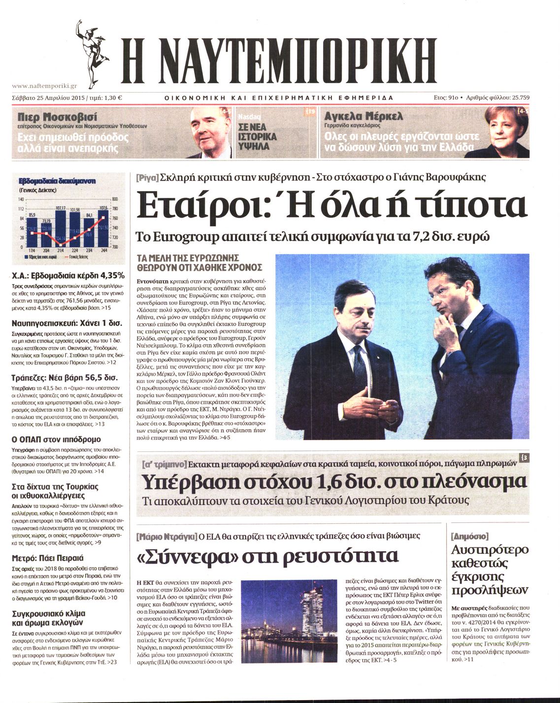 Εξώφυλο εφημερίδας ΝΑΥΤΕΜΠΟΡΙΚΗ 2015-04-25