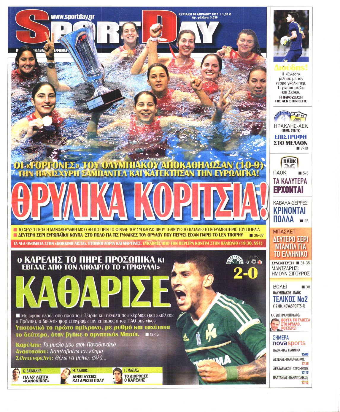 Εξώφυλο εφημερίδας SPORTDAY 2015-04-26