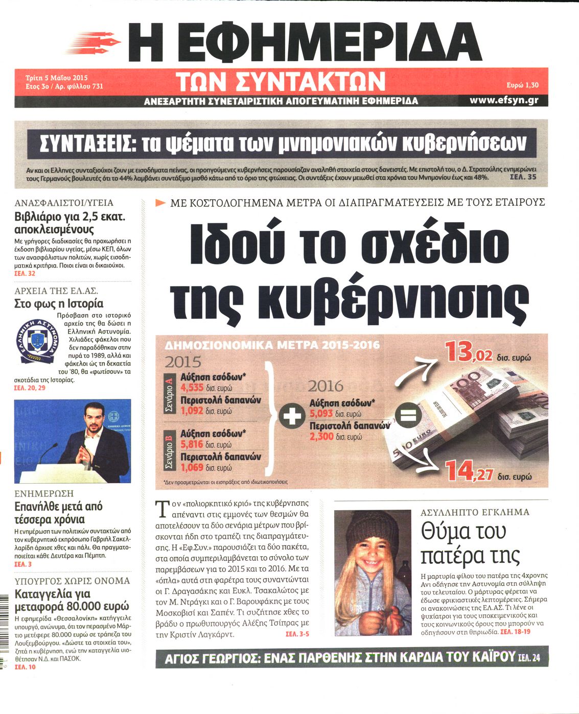Εξώφυλο εφημερίδας ΤΩΝ ΣΥΝΤΑΚΤΩΝ 2015-05-05