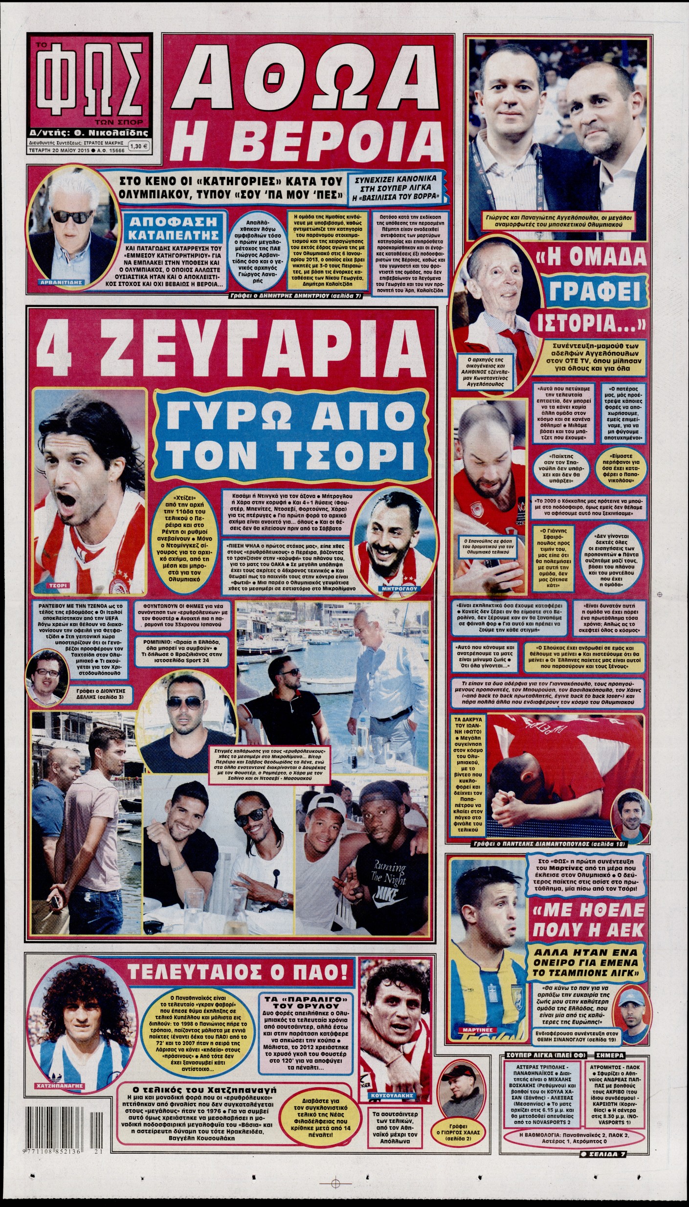 Εξώφυλο εφημερίδας ΦΩΣ ΤΩΝ ΣΠΟΡ 2015-05-20