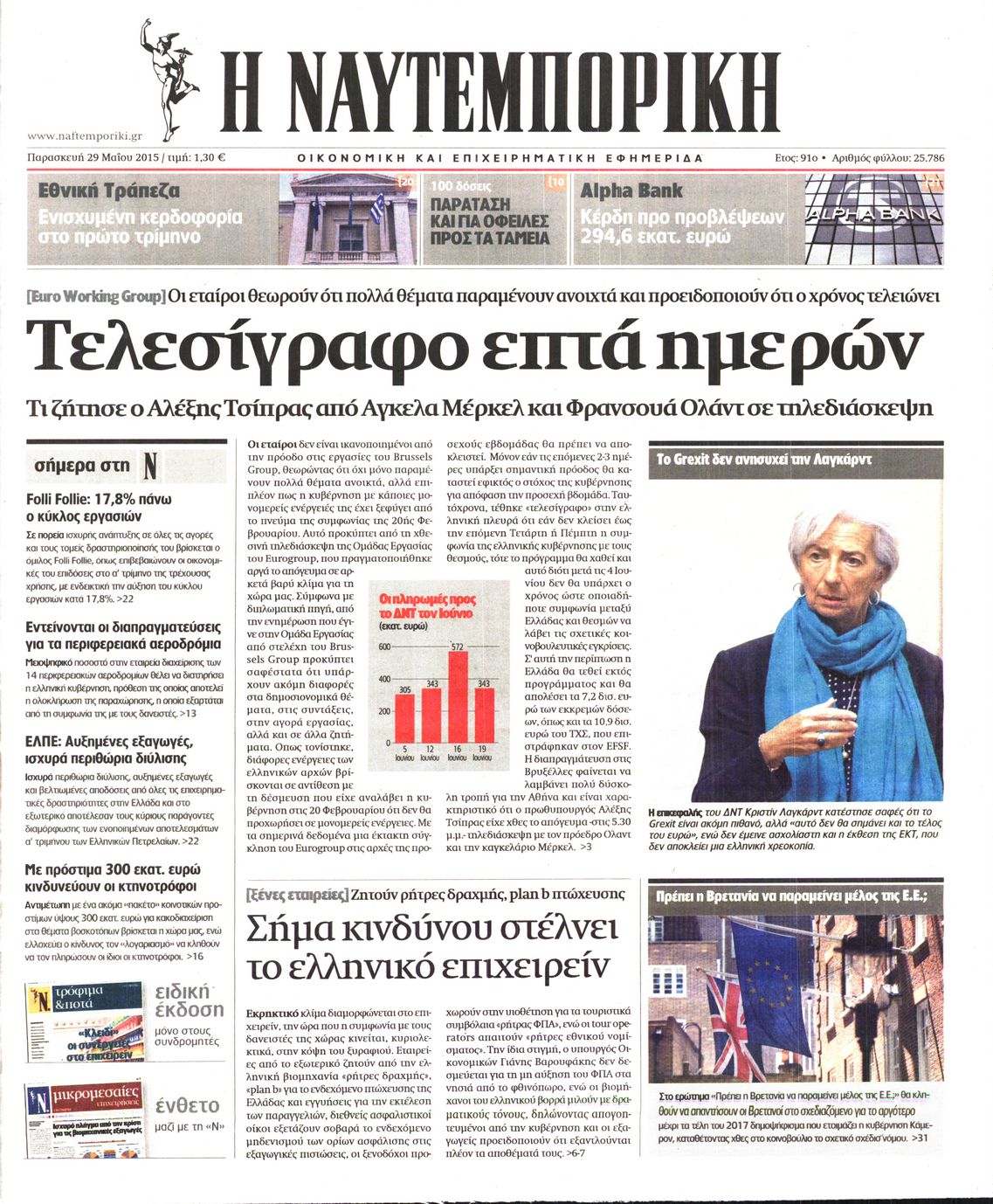 Εξώφυλο εφημερίδας ΝΑΥΤΕΜΠΟΡΙΚΗ 2015-05-29