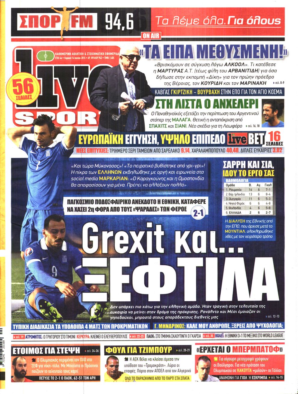 Εξώφυλο εφημερίδας LIVE SPORT 2015-06-14