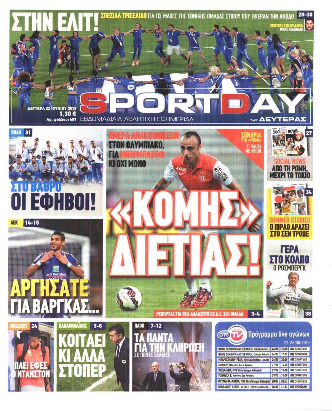 Εξώφυλο εφημερίδας SPORTDAY 2015-06-22