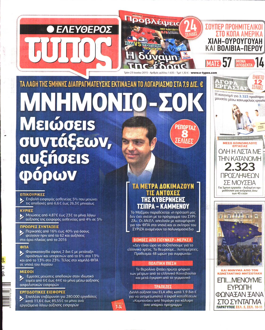 Εξώφυλο εφημερίδας ΕΛΕΥΘΕΡΟΣ ΤΥΠΟΣ 2015-06-23