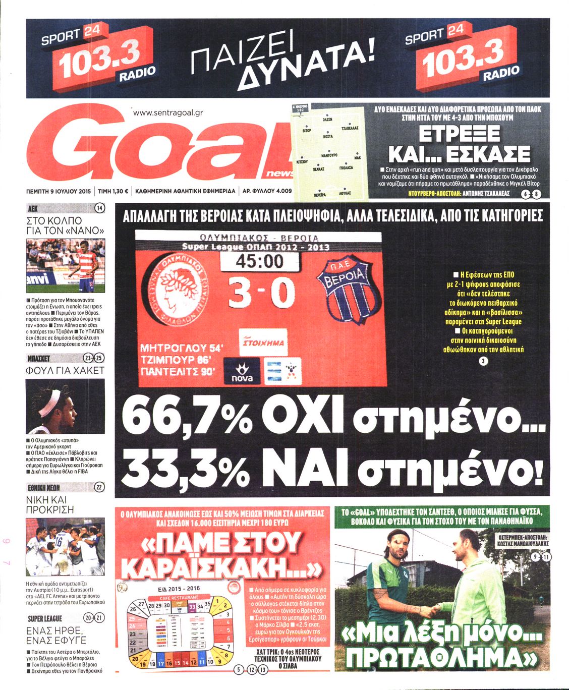 Εξώφυλο εφημερίδας GOAL 2015-07-09