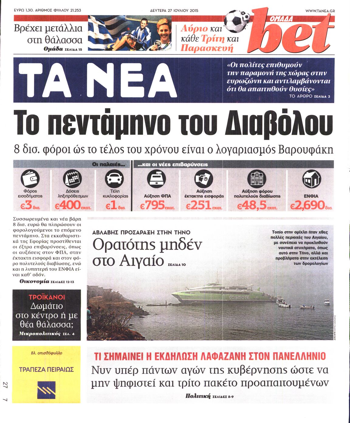 Εξώφυλο εφημερίδας ΤΑ ΝΕΑ 2015-07-27